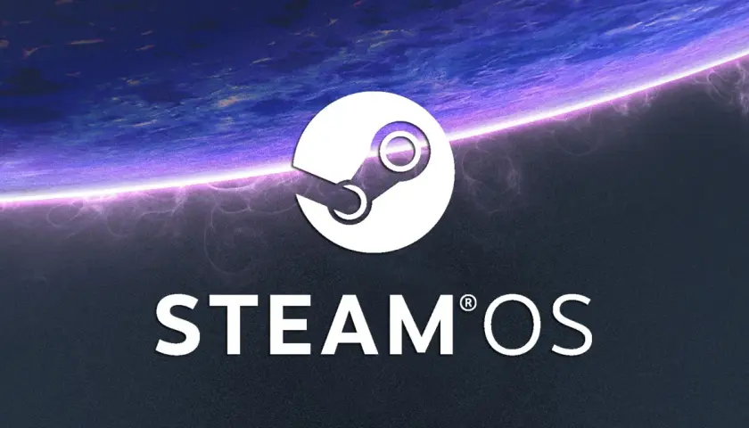 Logo Steam z napisem STEAM OS na tle kosmicznej planety. Steam to platforma cyfrowej dystrybucji gier.