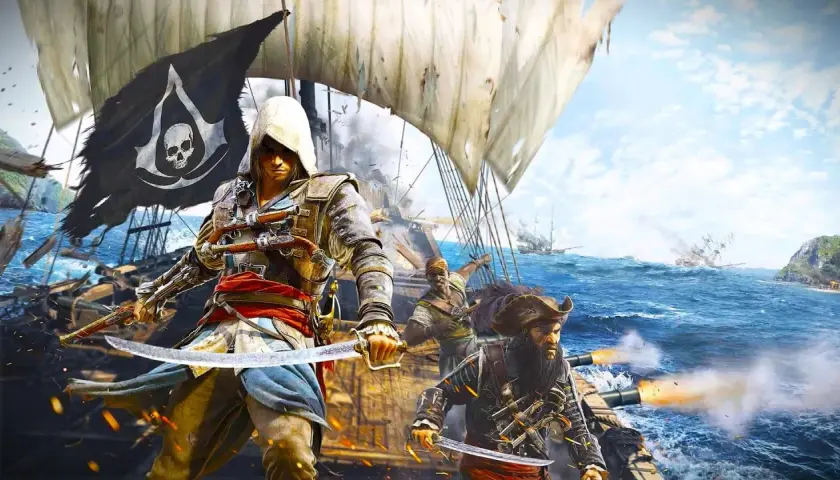 Na pokładzie statku, piraci z Assassin's Creed walczą, a w tle widać bitwę morską i wyspę.