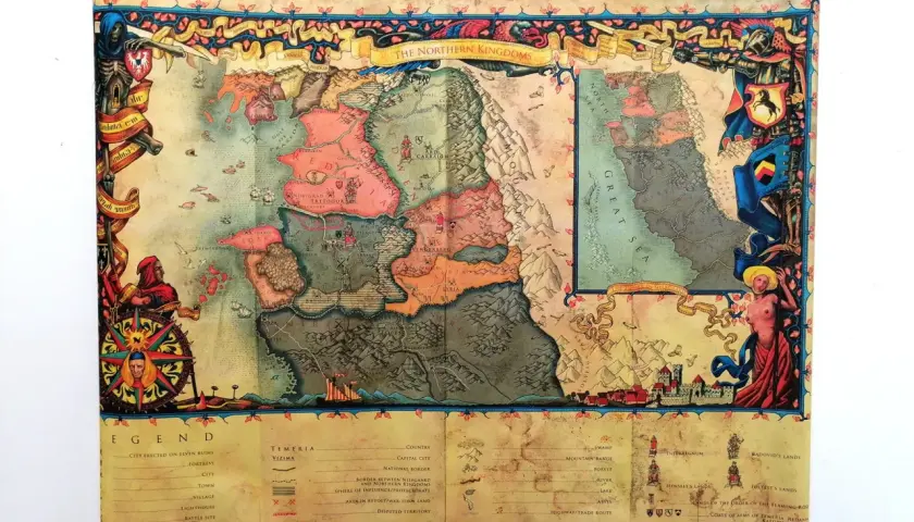 Mapa Północnych Królestw, z widoczną stolicą Temerii, Vizimą, oraz innymi krainami i miastami.