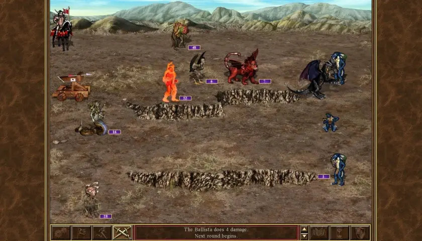 Bitwa w heroes gra: rycerz na koniu, ballista, smok, ognisty golem i inne potwory na pustynnym polu.