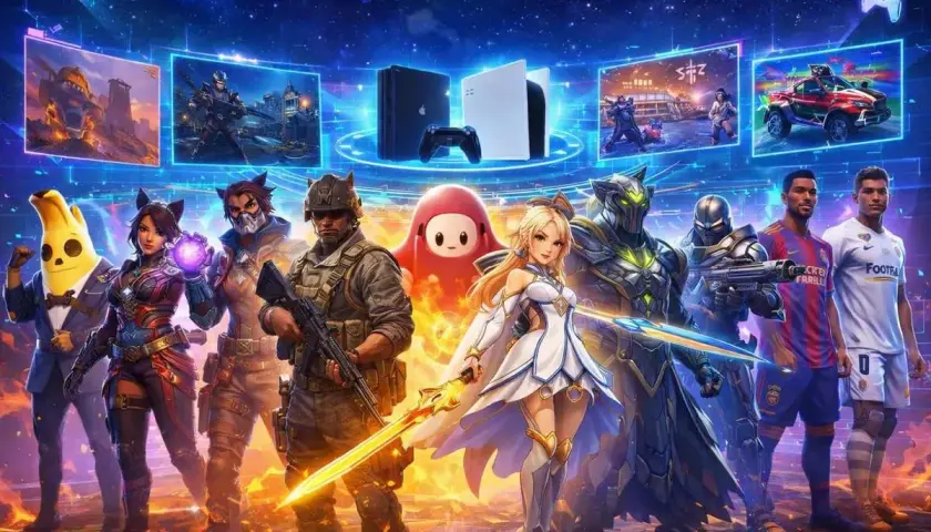 Postacie z gier, w tym żołnierz, wojowniczka i banan, stoją obok konsol PS4 i PS5, sugerując darmowe gry na PS4.