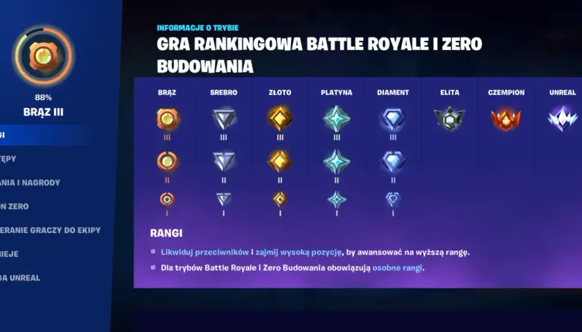 Rangi w Fortnite: Brąz, Srebro, Złoto, Platyna, Diament, Elita, Czempion i Unreal. Awansuj, by zdobyć wyższą rangę.