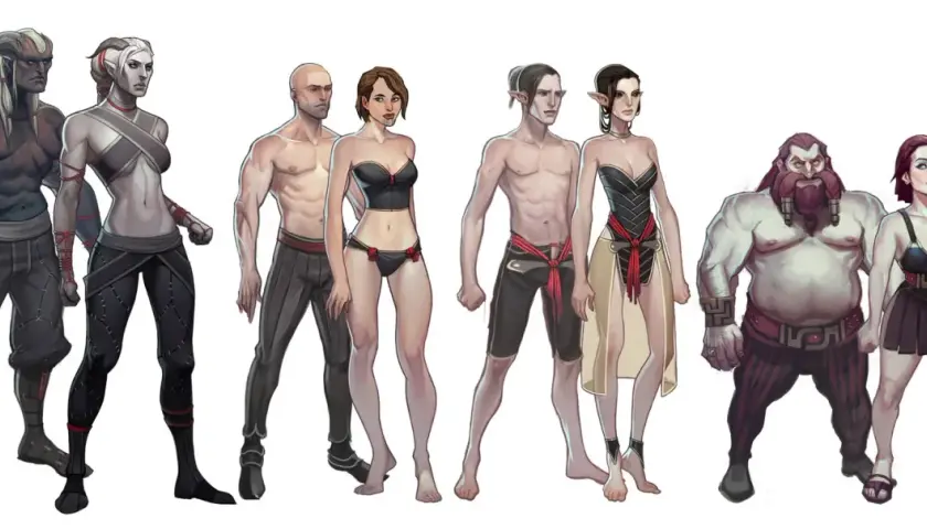 Postacie z Dragon Age: Qunari, ludzie, elfy i krasnoludy w zróżnicowanych strojach, od bojowych po letnie.
