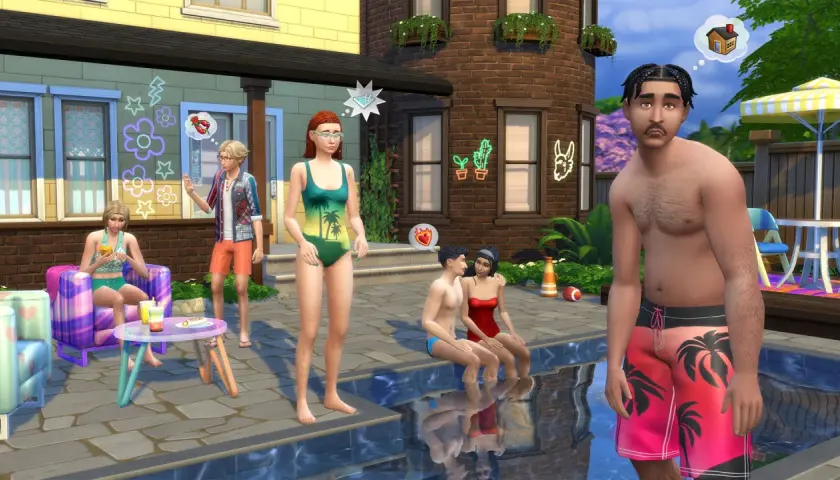 Rodzina cieszy się latem przy basenie, marząc o tym, jak grać w The Sims 4 za darmo.