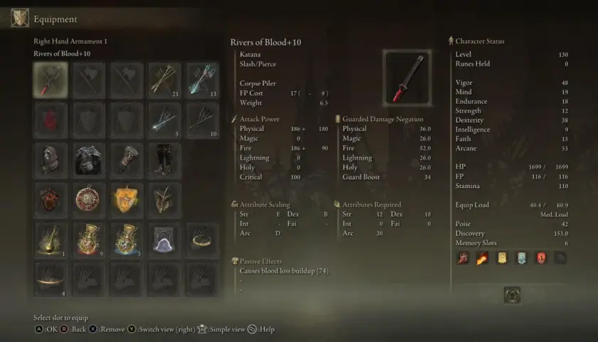 Radagon's Rivers of Blood+10, potężna katana z efektem krwawienia, gotowa do walki.