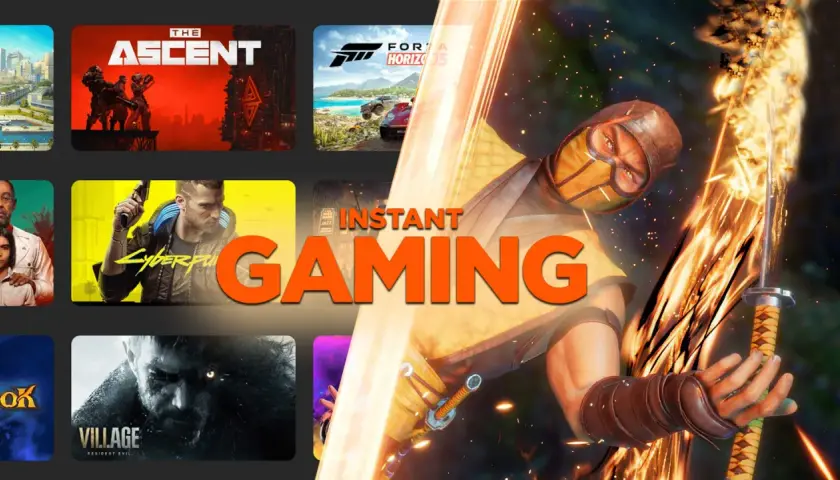 Sprawdź instant gaming opinie! Na obrazie Scorpion z Mortal Kombat, gry The Ascent, Cyberpunk 2077, Forza Horizon 5 i Resident Evil Village.