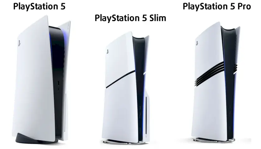 Porównanie PlayStation 5, PS5 Slim i PS5 Pro. Widoczne różnice w ps5 wymiary i designie.