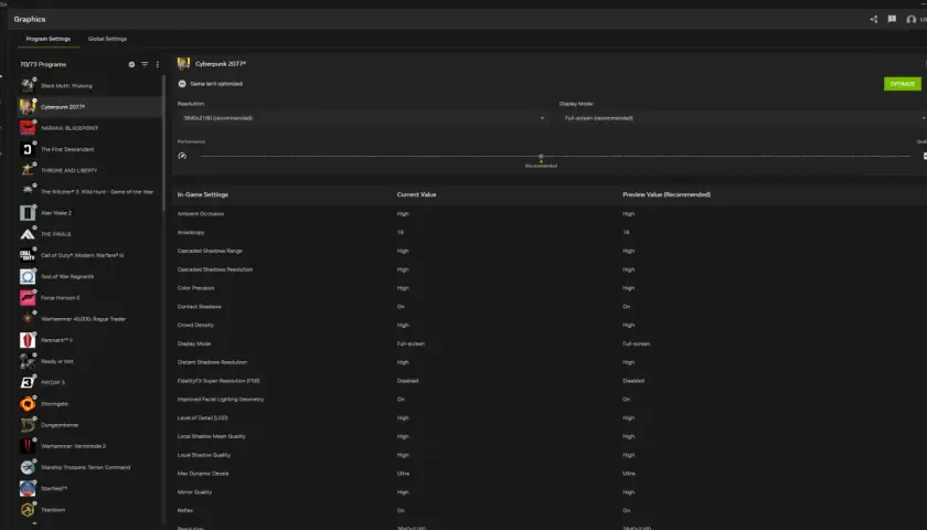 NVIDIA Experience pokazuje ustawienia graficzne dla Cyberpunk 2077, z rozdzielczością 3840x2160 i opcją optymalizacji.