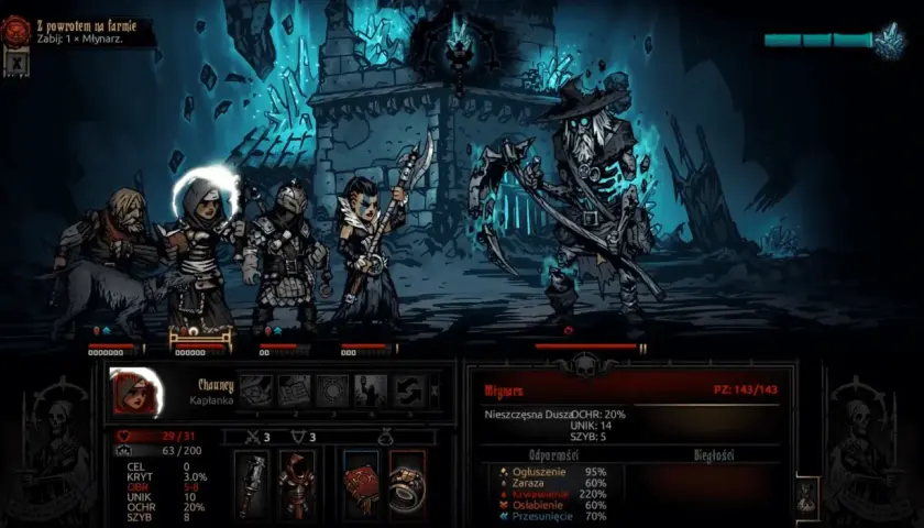 Drużyna bohaterów walczy z Młynarzem w mrocznej kniei Darkest Dungeon.