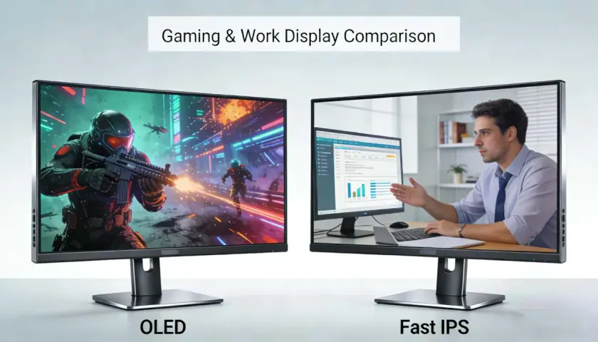 Porównanie monitorów: OLED z dynamiczną grą akcji i Fast IPS z pracą biurową.