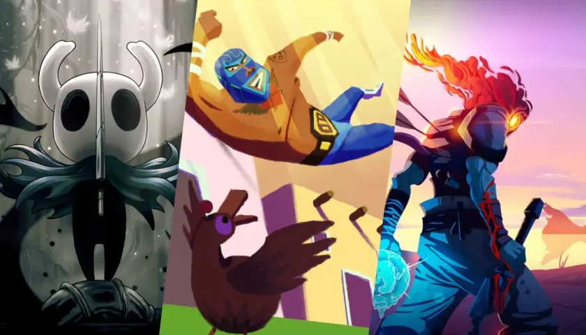 Triumwirat gier typu metroidvania: Bezimienny z Hollow Knight, zapaśnik z Guacamelee! i Płomienny z Dead Cells.