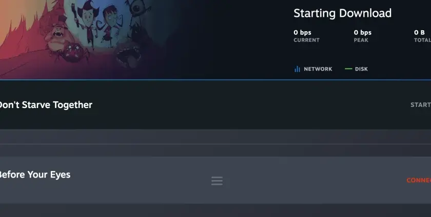 Steam pokazuje pobieranie gry "Don't Starve Together". Jeśli masz problemy, spróbuj jak wyczyścić pamięć podręczną Steam.