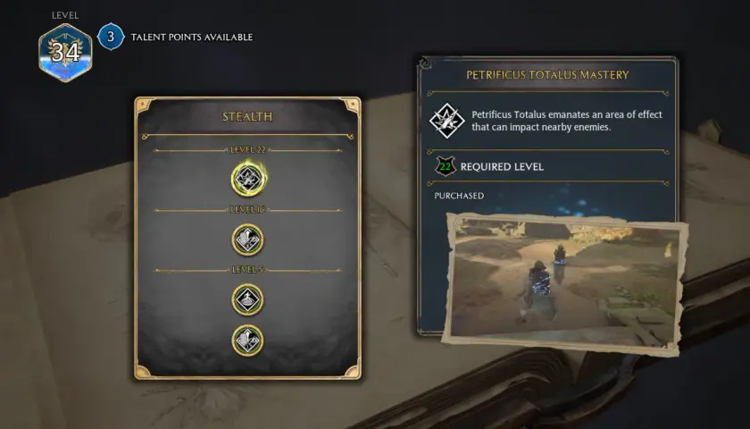 Hogwarts Legacy: Petrificus Totalus Mastery, odblokuj zaklęcie o efekcie obszarowym, które unieruchamia wrogów. Wymagany poziom 22.