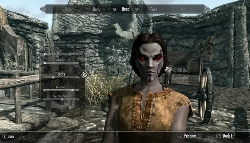Tworzenie postaci w Skyrim, z opcją edycji blizn i makijażu. Data wydania gry to 11.11.11.