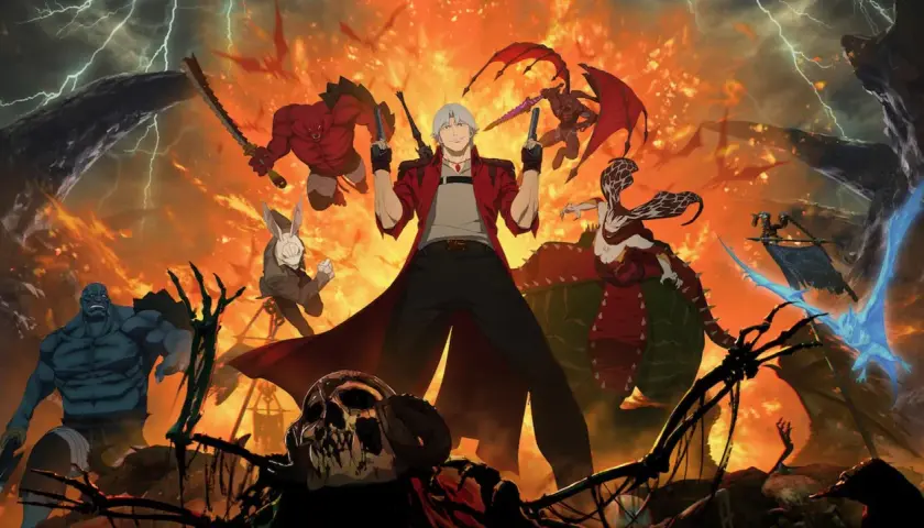 Dante z Devil May Cry 1, otoczony przez demony i płomienie, gotowy do walki.