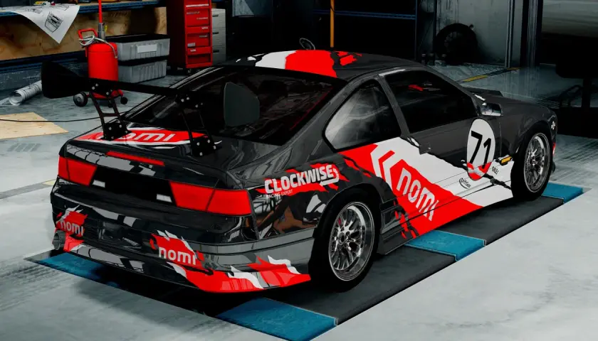 Czarny sportowy samochód z czerwono-białymi grafikami, numerem 71 i napisem "CLOCKWISE RACING EXPERT". Idealny do gry BeamNG Drive za darmo!