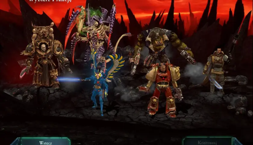 Wybór frakcji w Dawn of War II: Retribution. Widoczni: Kosmiczny Marine, Tyranid, Ork, Eldar i Imperialny Komisarz.