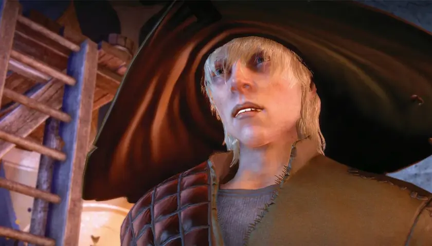 Cole z Dragon Age w swoim charakterystycznym stroju, z blond włosami i niebieskimi oczami, spogląda w górę.
