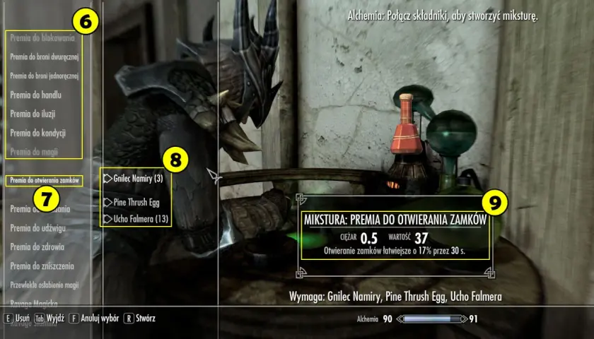 Skyrim alchemia przepisy: mikstura premii do otwierania zamków z Gnilec Namiry, Pine Thrush Egg i Ucho Falmera.