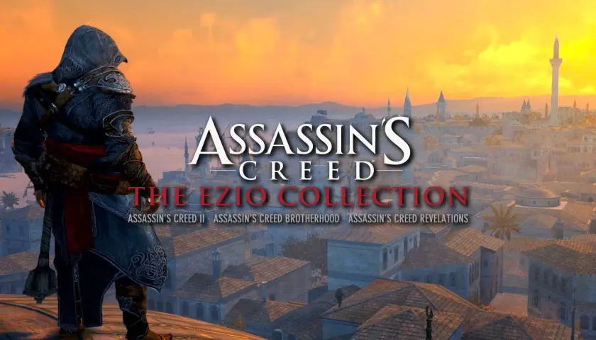 Ezio Auditore na dachu, patrzący na miasto o zachodzie słońca. Okładka Assassin's Creed II Discovery.