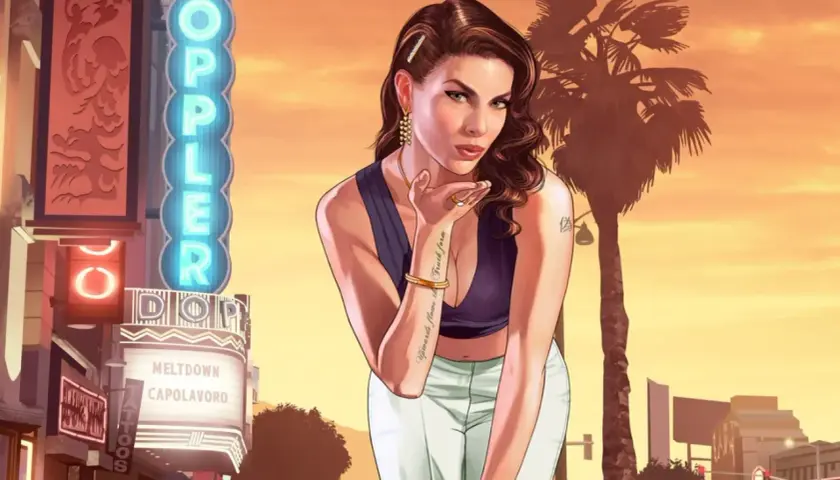 Kobieta z tatuażem na przedramieniu posyła całusa na tle neonów i palmy. Szukasz kodów GTA 5 PS5?