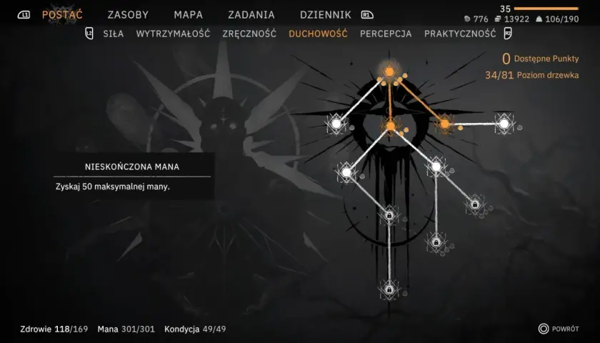 Drzewko umiejętności postaci z widocznym "DUCHOWOŚĆ" i opisem "NIESKOŃCZONA MANA". To może być początek **rage of mage**!