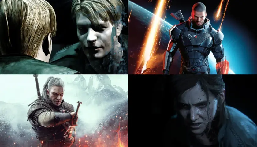 Kolaż postaci z gier rpg: James Sunderland, Commander Shepard, Geralt z Rivii i Ellie.