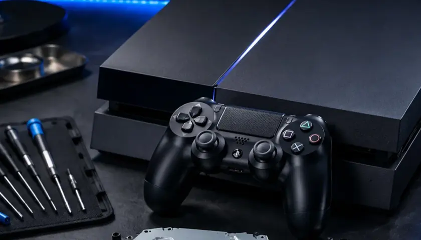 Konsola PS4 i kontroler, gotowe do naprawy, jak kiedy wyszło ps4. Narzędzia i części leżą obok.