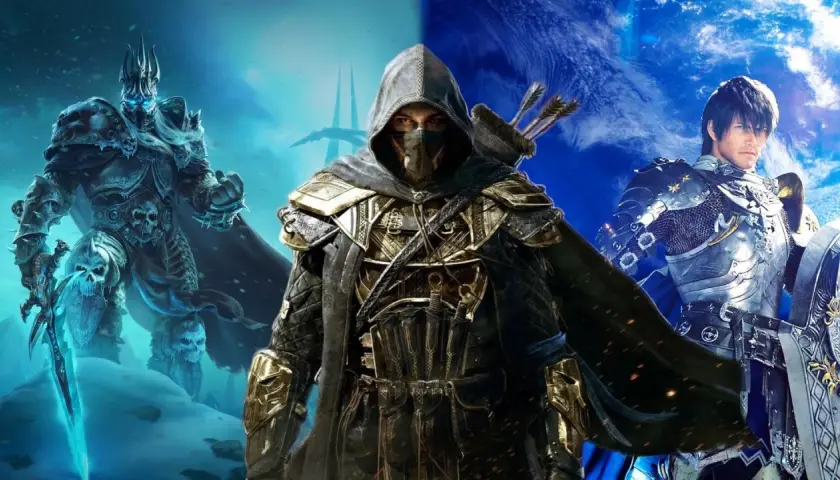 Trzech bohaterów z popularnych gier mmorpg: mroczny władca, skryty łucznik i rycerz w lśniącej zbroi.