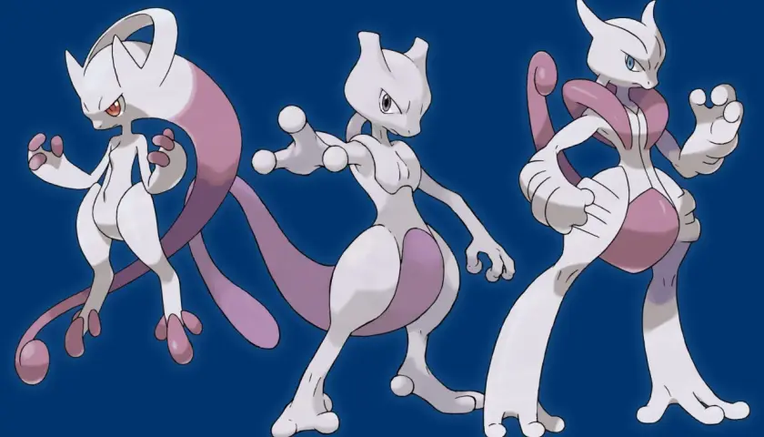 Trzy postacie Mewtwo w różnych pozach, gotowe do walki.
