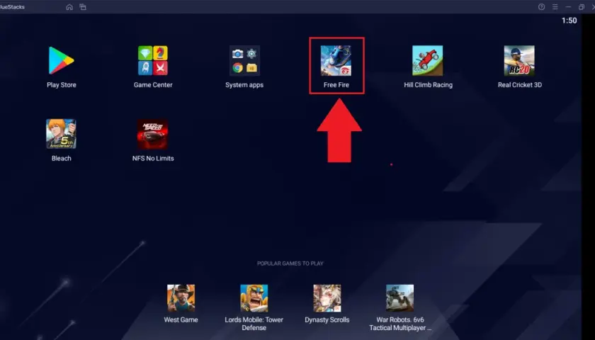 Ekran startowy emulatora BlueStacks z ikoną gry Free Fire.