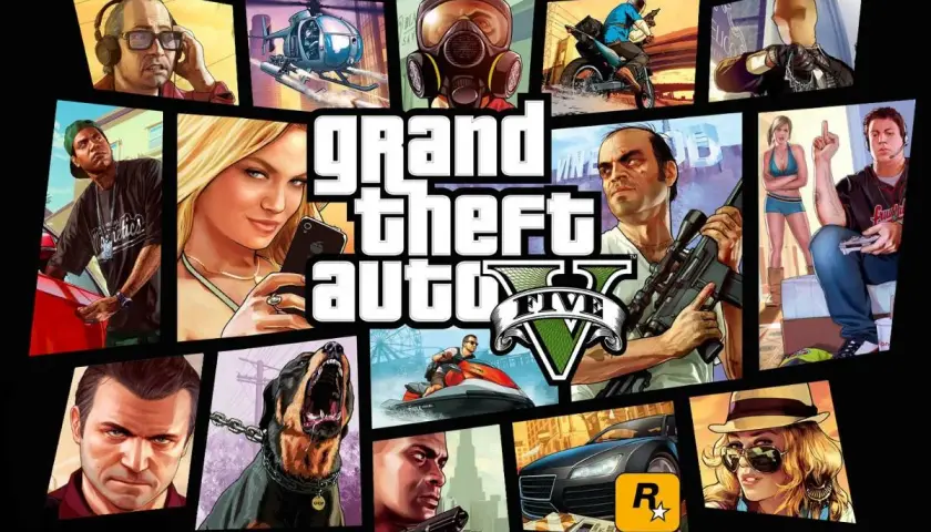 Kolaż postaci z GTA V, w tym Franklin, Michael, Trevor i Chop. Szukasz kod na pieniądze GTA 5?