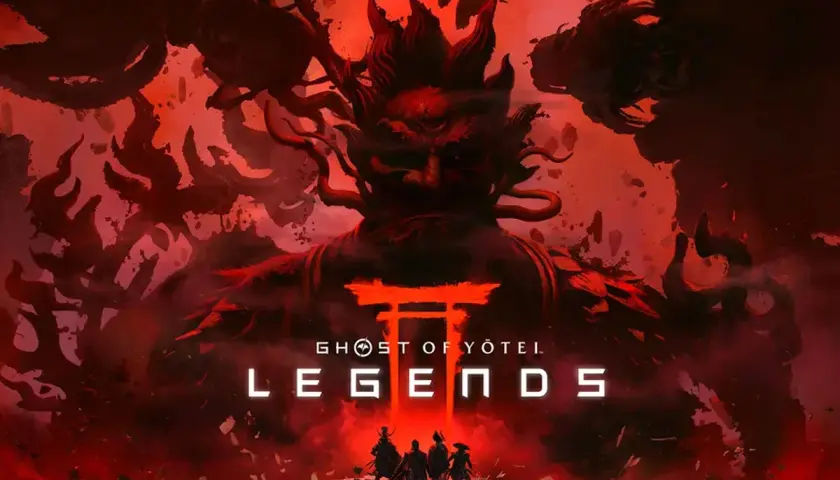 Czterech wojowników staje naprzeciw złowrogiej, demonicznej postaci w czerwonej poświacie. Tytuł "Ghost of Tsushima: Legends" sugeruje nadchodzącą przygodę.