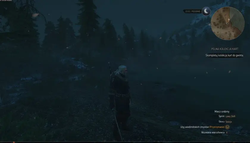 Geralt stoi w mrocznym lesie, szukając miejsc mocy na Skellige. W tle widać mglistą taflę wody i ośnieżone góry.