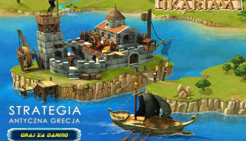 Gry strategiczne online: starożytna Grecja, twierdza na wyspie, statek w morzu. Graj za darmo!