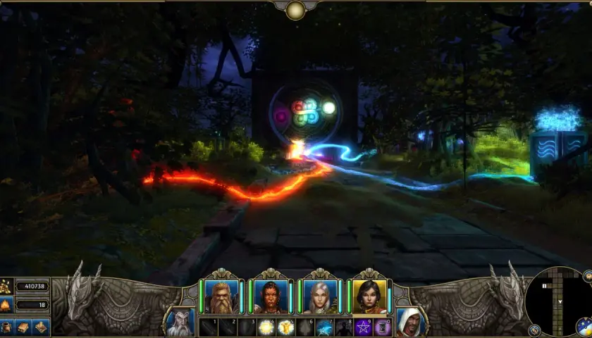 Magiczna brama w lesie, ścieżka pełna ognia i lodu. Bohaterowie przygotowują się do kolejnego etapu w tej grze typu dungeon crawler.