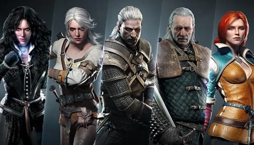 Postacie z Wiedźmina: Yennefer, Ciri, Geralt, Vesemir i Triss w swoich charakterystycznych strojach.