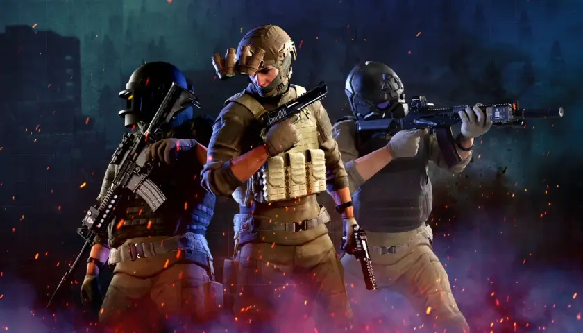 Trzech żołnierzy w taktycznym wyposażeniu, gotowych do akcji w świecie gry fps.