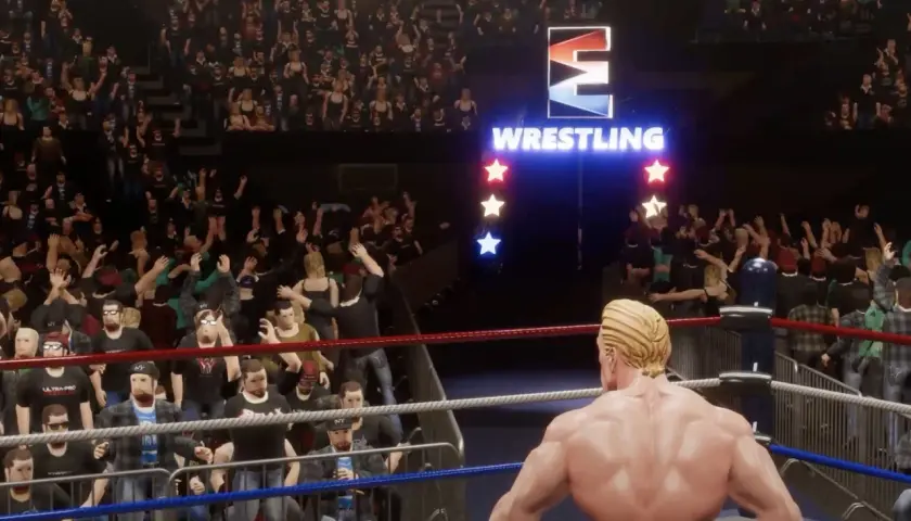 Wrestler w czerwonych spodenkach wchodzi na ring, tłum szaleje. To będzie no mercy game!