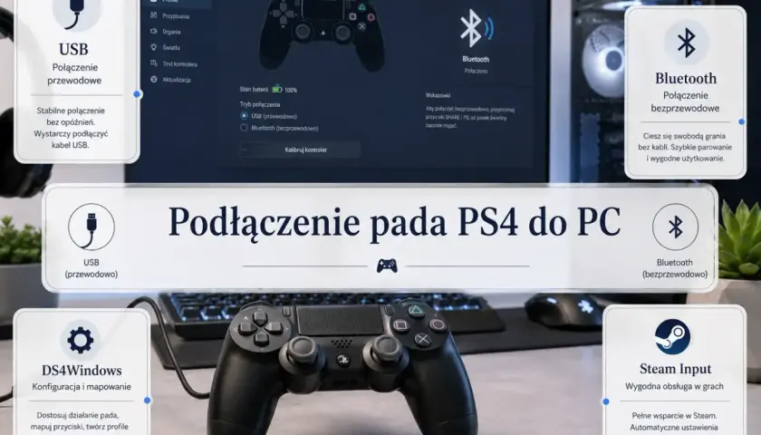 Jak podłączyć pada do PS4: przewodowo przez USB, bezprzewodowo przez Bluetooth, z DS4Windows lub Steam Input.