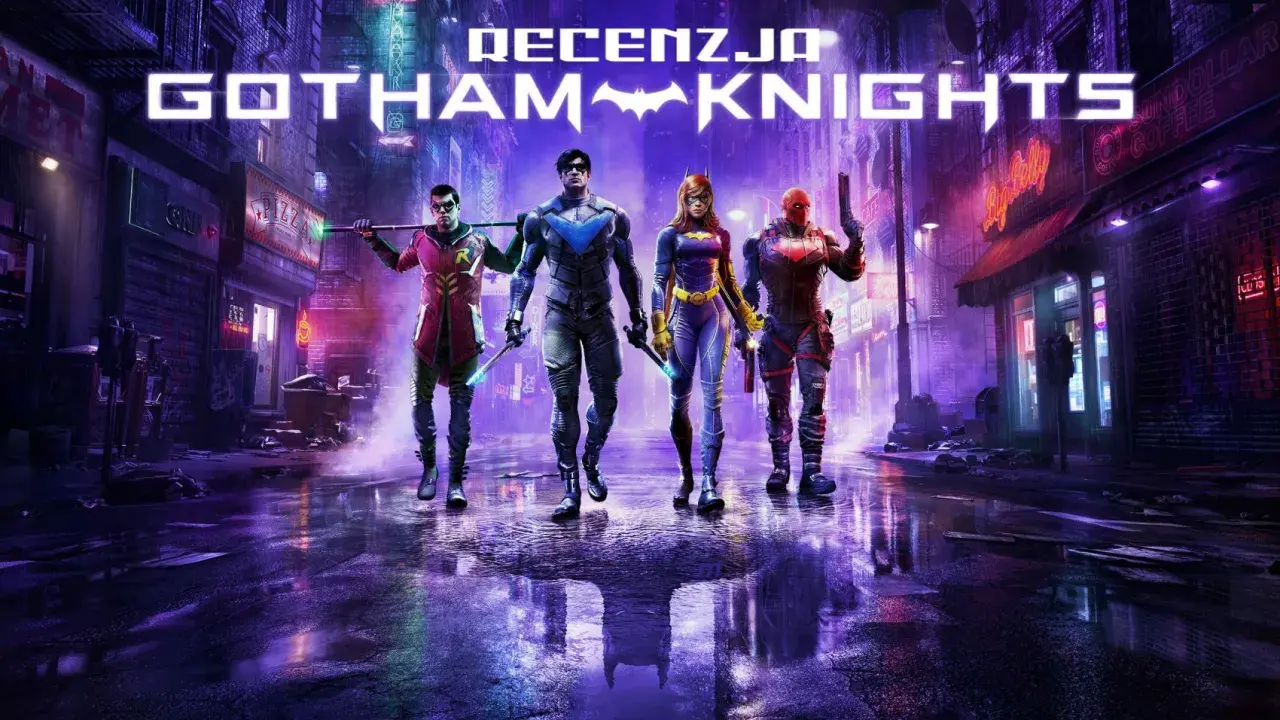 Czterech bohaterów, rycerze Gotham, w tym Robin, Nightwing, Batgirl i Red Hood, stoją na mokrej ulicy miasta nocą.