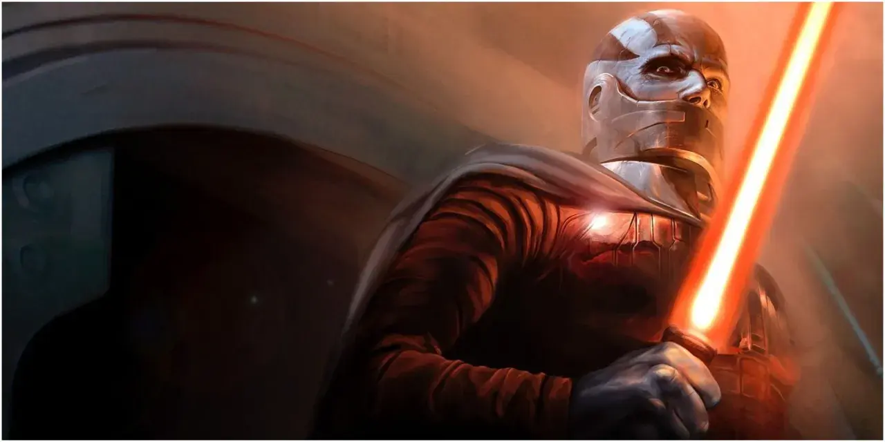 Star Wars Darth Malak, w zbroi i z czerwonym mieczem świetlnym, gotowy do walki.