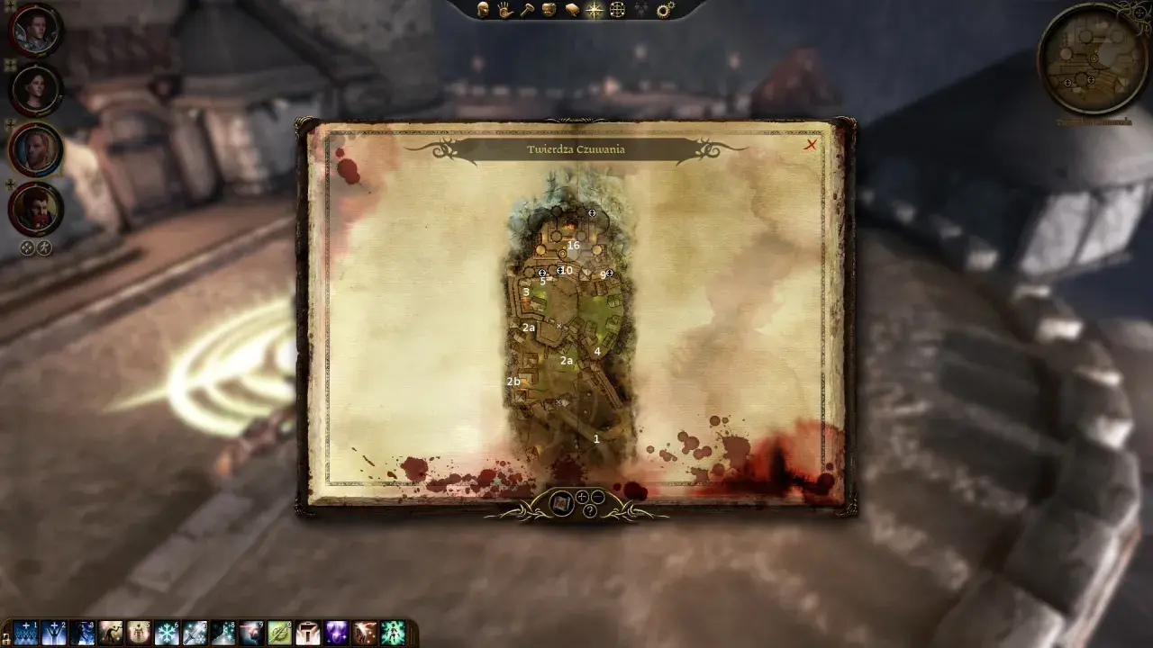 Mapa Twierdzy Czuwania z gry Dragon Age: Przebudzenie. Widać na niej rozmieszczenie lokacji i punktów orientacyjnych.