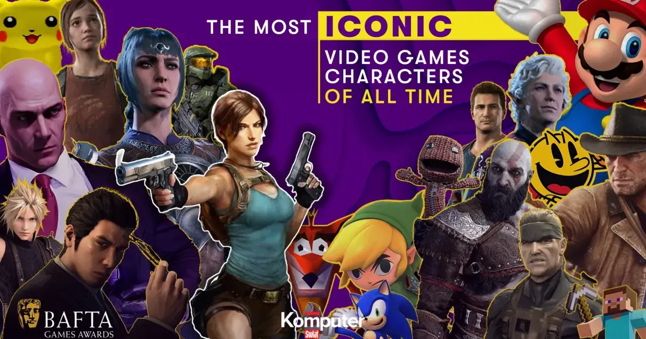 Ikoniczne postacie z gier: Mario, Lara Croft, Kratos, Link, Pac-Man, Master Chief, Nathan Drake, Steve i inni.