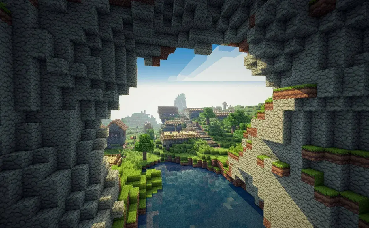 Widok na wioskę w najpopularniejszej grze na świecie, Minecraft. Woda, domki i zielone wzgórza.