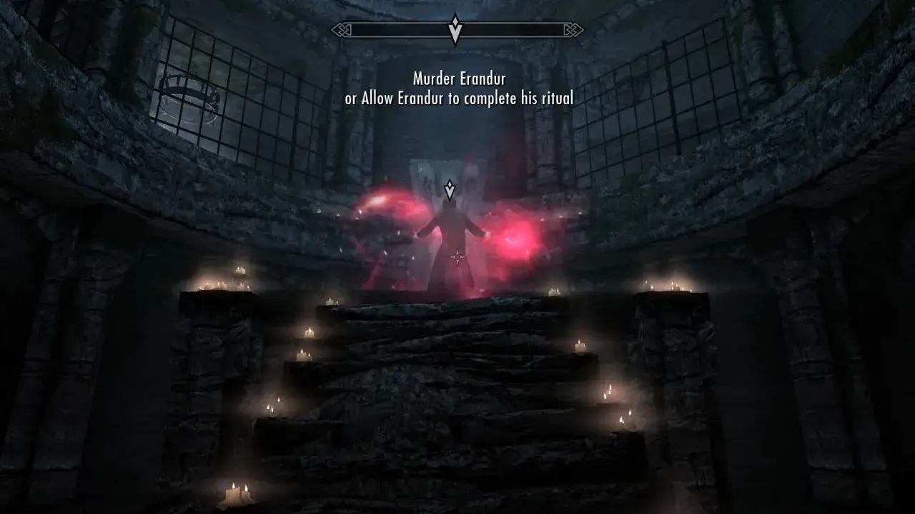 Mroczny rytuał w Skyrim. Postać otoczona czerwonymi aurami, wybór: zabić Erandura czy pozwolić mu dokończyć, to prawdziwy koszmar na jawie.
