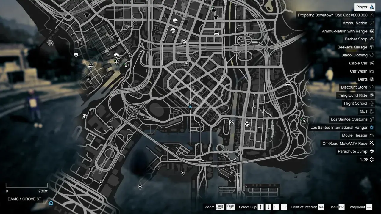 Mapa Los Santos, z zaznaczoną ulicą Grove Street. Widać ikony sklepów, garaży i innych miejsc.