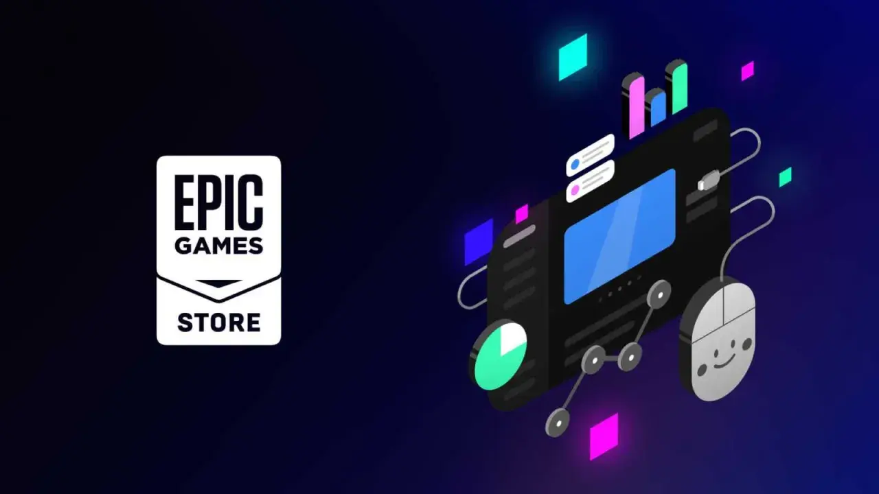 Logo Epic Games Store obok stylizowanej grafiki komputera z myszką. Sprawdź epic games darmowe gry lista!