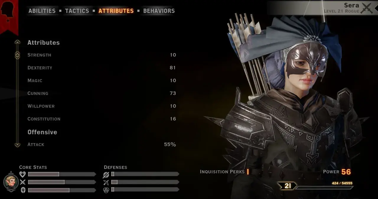 Sera, poziom 21 łotrzycy z Dragon Age, z wysoką zręcznością i niską magią. Jej atrybuty są kluczowe dla jej roli.