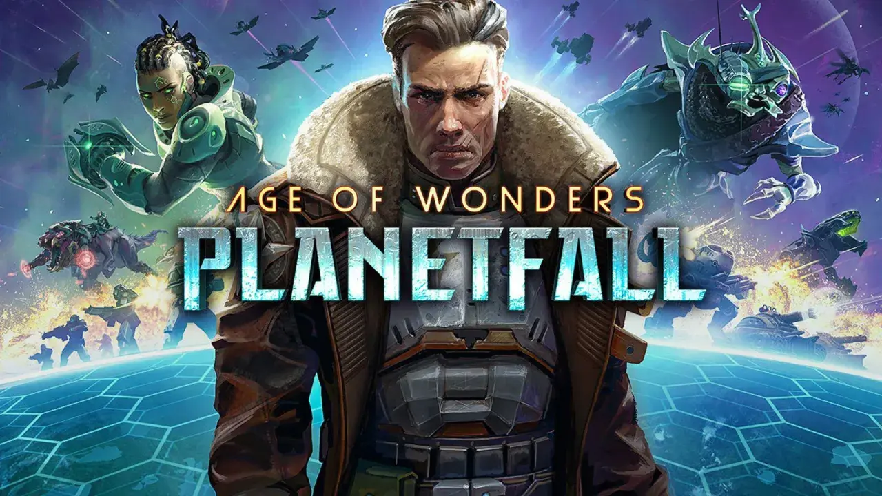 Postapokaliptyczna wizja z gry Age of Wonders Planetfall: człowiek w futrzanym kołnierzu, wojowniczka z plemienia Amazonek i potężne istoty walczą na tle kosmicznej bitwy.